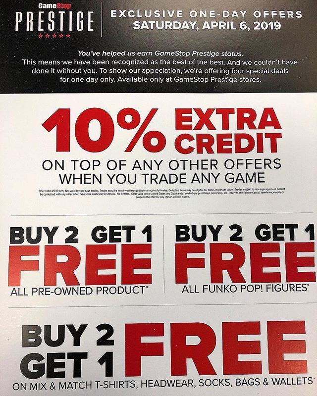 funkofinderz's tweet image. GameStop Prestige stores will have special deals tomorrow Saturday, April 6 which includes Buy 2, Get 1 All Funko Pop! figures. You can check with your local shop to see if they’re part of the program. bit.ly/2Uh2MpA