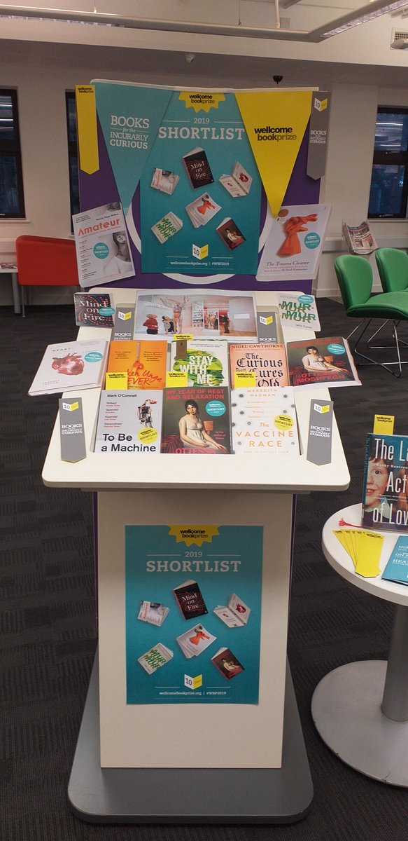 NSomLibraries's tweet photo. Are you incurably curious? #Weston Library have just the thing -their @wellcomebkprize #curiousdisplay, featuring a host of books examining health and illness as part of the 10th anniversary of the prize - winner announced tomorrow! @readingagency #WBP2019 https://t.co/4hVxf3Y333