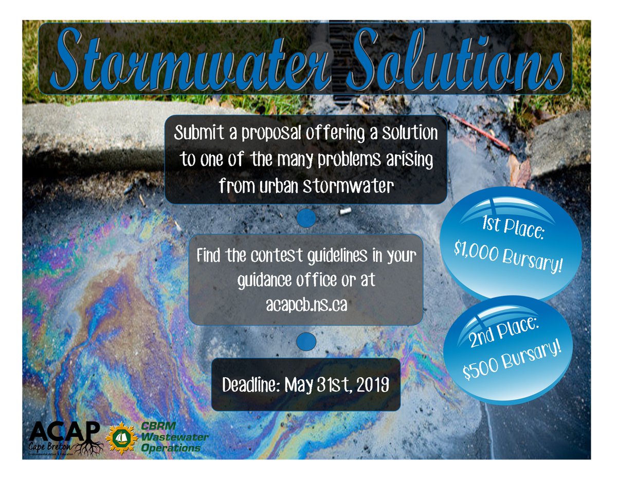 Attention grade 12 students! Our annual bursary competition in eco-partnership with CBRM Wastewater Operations is open! Win a bursary of $1,000! Please find contest rules and guidelines in your school's guidance office or here: acapcb.ns.ca/single-post/20…
