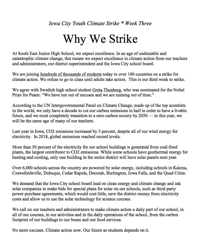 moogysmaszimo's tweet image. Week three of climate strike at @IowaCitySchools Last year, co2 emissions increased 3% in #Iowa! We expect excellence in climate action from our teachers, administrators, district superintendent and school board. Now. No excuses. @AlexandriaV2005 @usclimatestrike @GretaThunberg