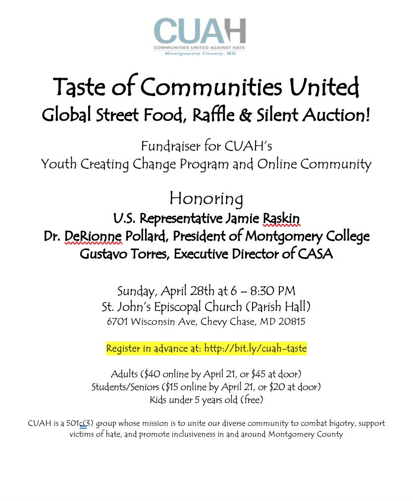 CUAH is excited to announce the second annual Taste of Communities United Fundraiser! Sunday, April 28 from 6-8:30 PM. Come enjoy good food and join our silent auction to support our ongoing programs. We'll see you there!