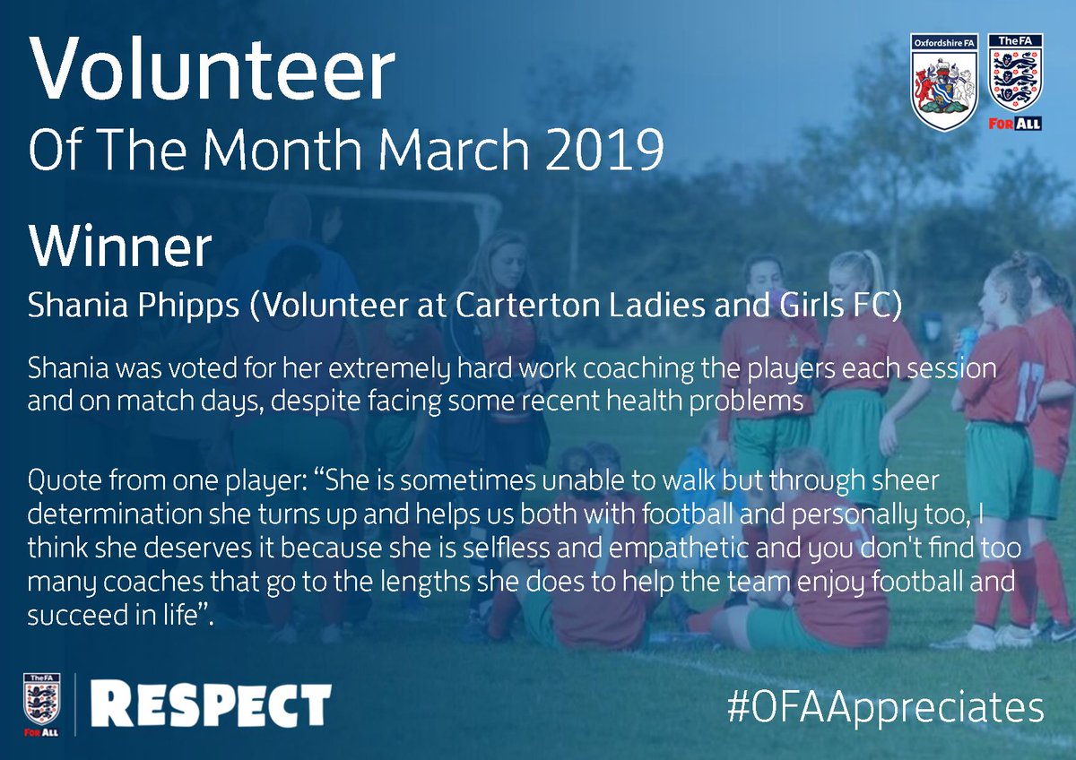 OxfordshireFA's tweet photo. 📢Volunteer Of The Month March 2019📢
🏆Winner: Shania Phipps (Carterton Ladies and Girls FC)🏆
Thank you for all your amazing nominations and congratulations to Shania on winning this month!
Nominate for next months award now https://t.co/EGq31vKfZf
#OFAAppreciates https://t.co/96qIGNoEQQ