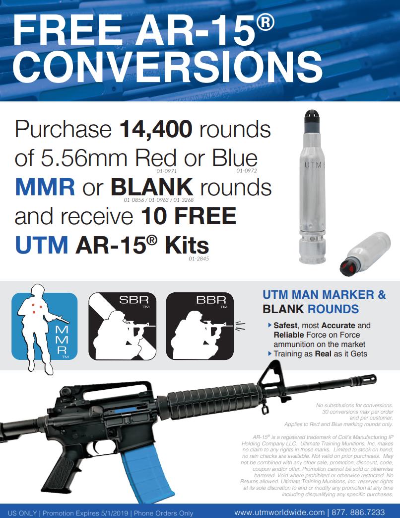 Promotion #1 FREE AR-15 Conversions with Ammo purchase. Expires 5/1/19 #utm #utmar15conversion #utmglock17conversion #utmglock17tconversion #utm556mmr #utm9mmmmr #ultimatetrainingmunitions #forceonforce #training #realitybasedtraining #btitactical