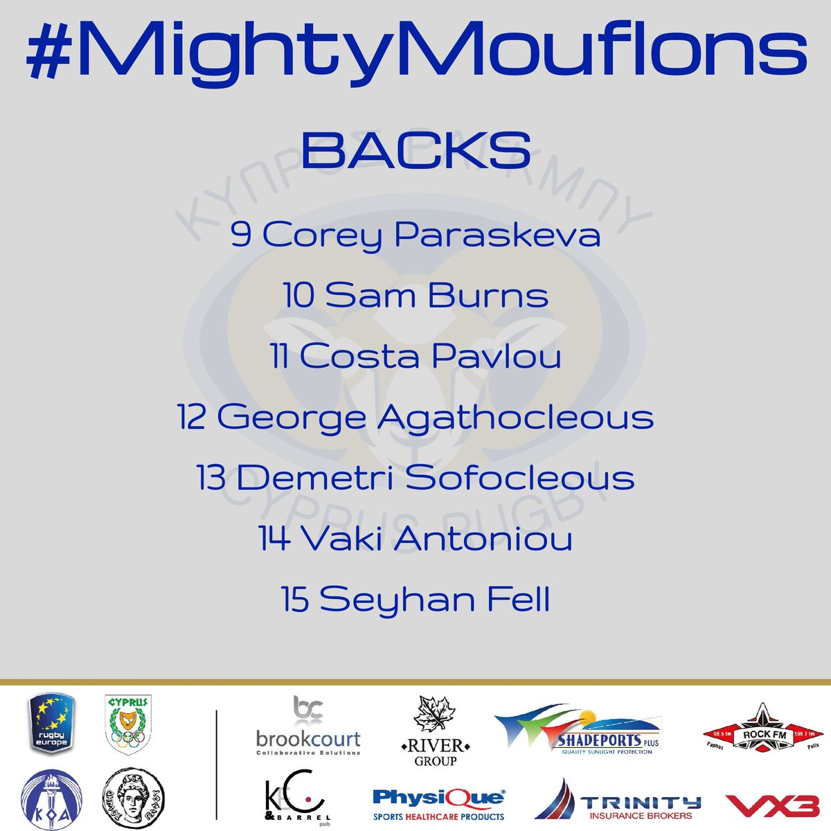 Cyprus_Rugby's tweet photo. Your #CyprusRugby match day squad to face Bosnia and Herzegovina national rugby team tomorrow. πͺπ¨πΎπ ela Kypros!
#Mouflons #MightyMouflon #rugbyEurope #KOA #Shadeports #KegandBarrel #RiverGroup #Brookcourt #TrinityInsurance #VX3 #Physiquemgmt #CyprusOlympic #BlackRocksMarketing https://t.co/bGeSUCrovL