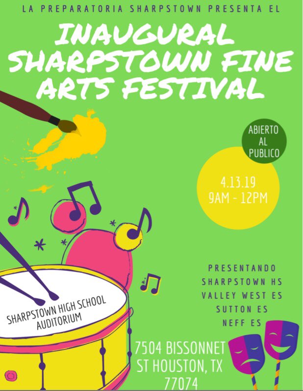 Please join us for our inaugural Sharpstown Fine Arts Festival! Next Saturday April 13th, from 9am-12pm. Open and free to the community! #hisd #finearts #urbanschools @iamsharpstown @HISDFineArt @HISDSupe @hmfv1 @HoustonISD