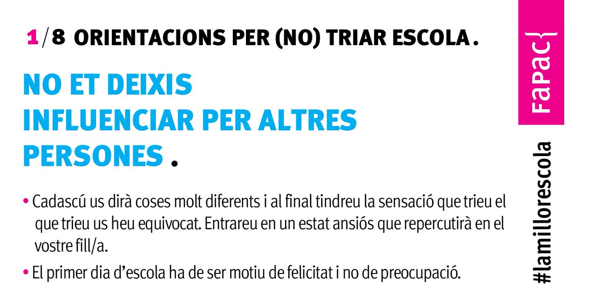 En ple procés de #preinscripció escolar i és moment de recordar que l’educació pública és un dret universal i tenim dret a gaudir d’una plaça a una escola pública. 
Consulta les recomanacions per (NO) triar escola que hem preparat:
mtr.cool/sbeptmo 
#escolapúblicacatalana