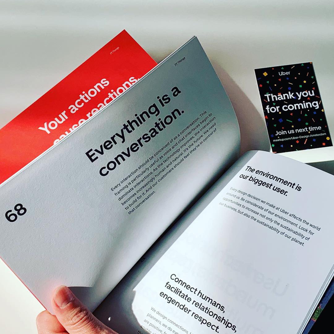 Venio's tweet photo. Thanks Uber for this great gift: 77 Things of Uber design. It’s beautiful, great reminder of what design is, my favorite book already! #77things #michealgough #uberdesign #uber #meetup https://t.co/fpHM3sFfHp