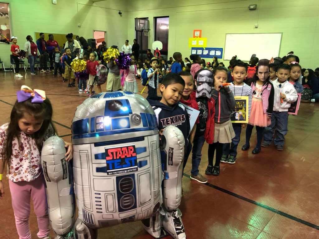 A.A. Milne Elementary STAAR Prep Rally!!!!  Our lower grade (pre-k thru 2nd) scholars gave banners, cards, and signs to motivate the upper grade (3rd thru 5th) to pass the STAAR test. Go Milne!!!!  We are the best!!!