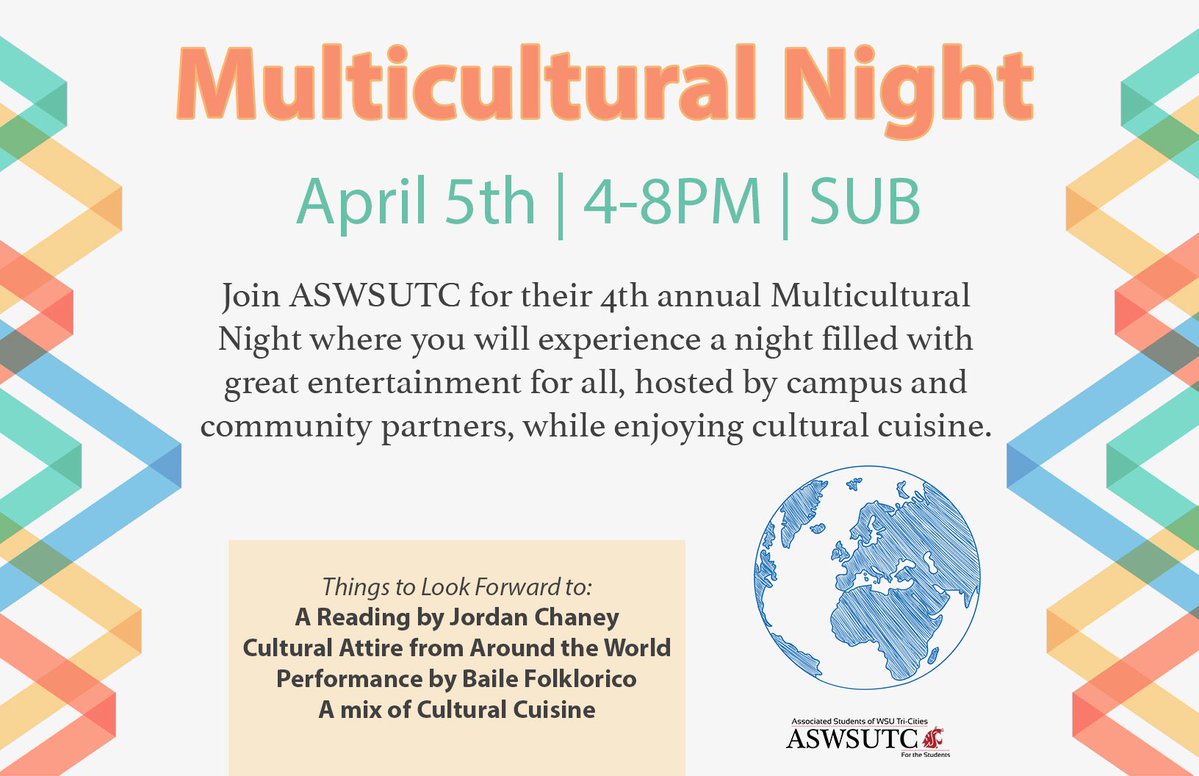 WSUTriCities's tweet photo. Join @WSUTriCities tonight (Friday) for a #MulticulturalNight from 4 p.m. - 8 p.m. in the SUB, as hosted by @aswsutc!
Event to feature cultural attire from around the world, a performance by Baile Folklorico, a mix of cultural cuisine & a reading by poet @poetjordan #GoCougs https://t.co/3yy3LTlH0T