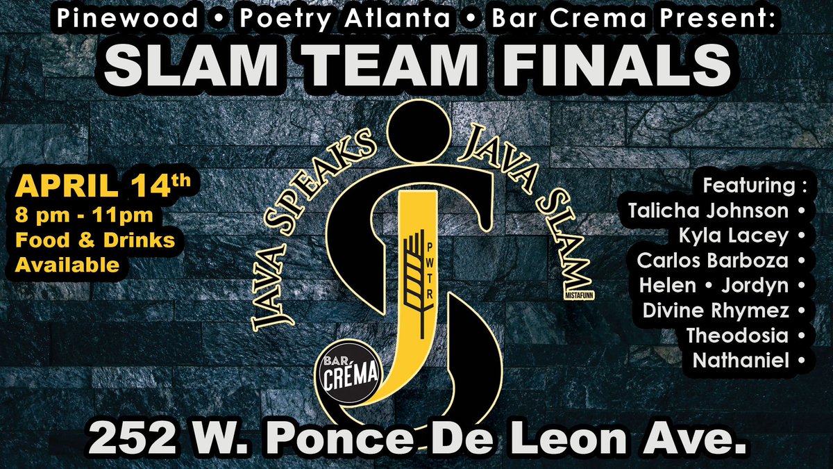DecaturDBA's tweet image. Poetry Slam returns to Decatur - April 14 Bar Crema 8pm
Food - Drinks - Poetry .  A champion will crowned a new team will be formed A New Age of POETRY will begin