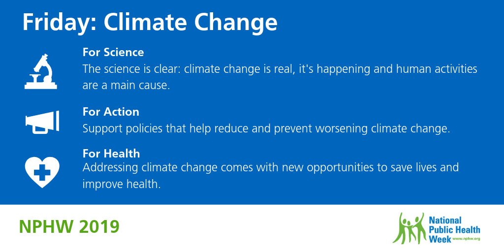 PublicHealth's tweet photo. Today's #NPHW theme is climate change. Learn how public health is working to prevent the harmful health effects of climate change: https://t.co/QxR8vrIuvl #ClimateChangesHealth https://t.co/7KsDHCEPpm