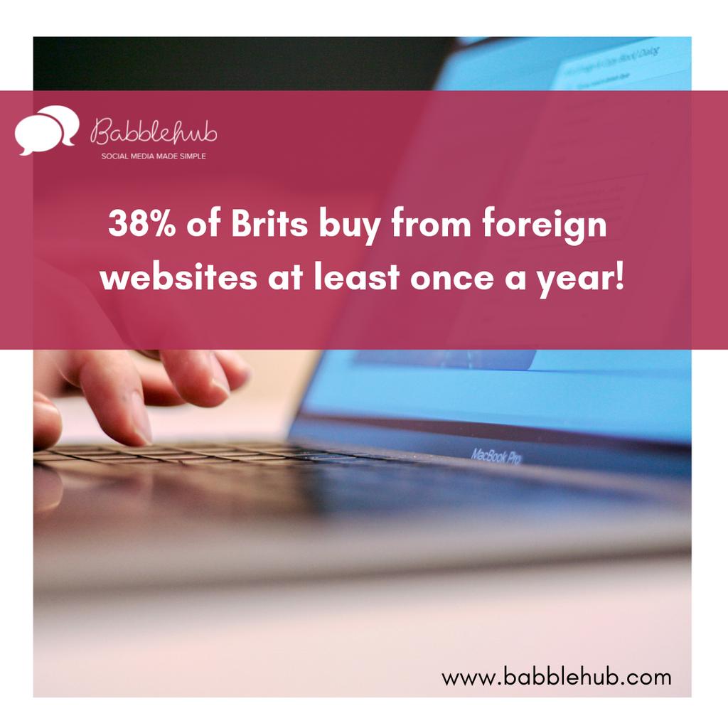 BabbleHubSocial's tweet photo. #Didyouknow? 38% of Brits buy from #foreign websites at least once a year! 🛒⁣
⁣⁣
Get in touch for a Free social media consultation Today! 📲 | 🌐 https://t.co/dgWmnucpEf⁣ | #Babblehub 💬⁣ https://t.co/VoYvKXkwfa