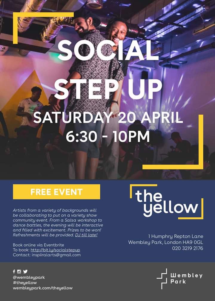 TroubadourTrust's tweet photo. next up #SocialStepUp - artists from a variety of backgrounds will be collaborating to put on a variety show community event. From a Salsa workshop to dance battles, this evening will be interactive! Book: https://t.co/cNmWiignxr Sat 20 APRIL 6:30-10pm @WembleyPark #theyellow https://t.co/C9xMKS8RLv
