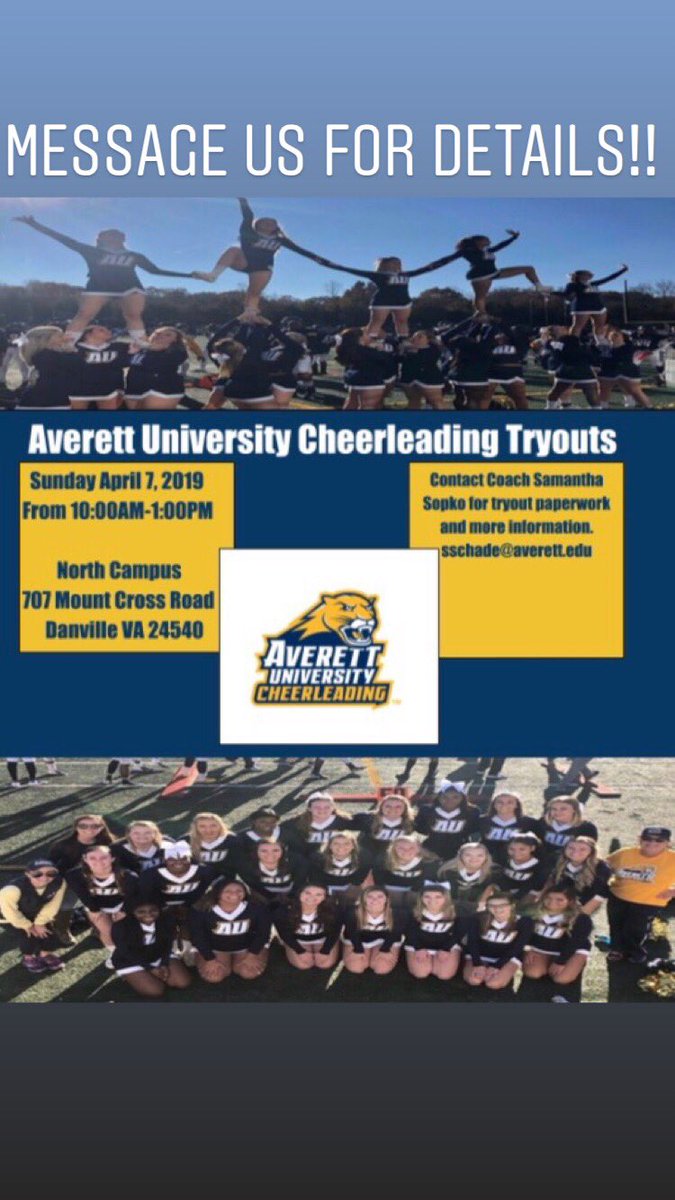 AUCheer's tweet image. It’s not too late to tryout for the Averett Cheerleading team this Sunday from 10-1 at north campus!! Don’t miss out on our growing program and the 2x CCA national grand championship team!#averett #averettuniversity #au23