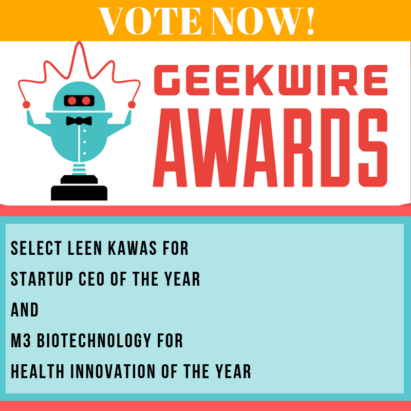 leonabioinc's tweet photo. Help us WIN the @geekwire awards!
Follow the link, vote for each category, and make sure to select LEEN KAWAS and M3BIOTECHNOLOGY for the two categories we are in! Don’t forget to retweet and share! #endalz @leenkawas https://t.co/STjRicu3KJ https://t.co/M91AD9BEuo