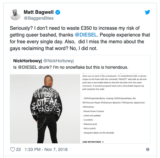 NicoleAuger8's tweet photo. Where do you draw the line between controversial marketing and overt inappropriate content? Diesel flaunts its bold campaigns to build brand loyalty with its target market but recent homophobic slurs within the fashion line may go too far. Is all hype welcome at Diesel? #SSB5200G https://t.co/yUdi3he3AR