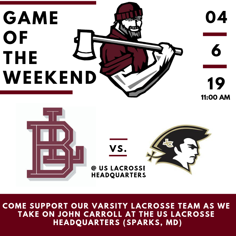 BoysLatinSchool's tweet photo. Come support our varsity lacrosse team this Saturday as they take on John Carroll at the @uslacrosse headquarters. The game starts at 11:00 AM #EQV #BL175 #YeahLake https://t.co/ZYIbvzxK5d