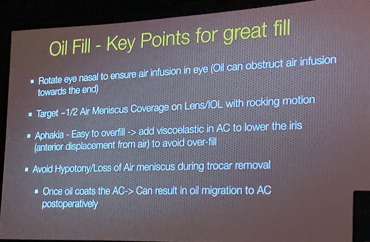 Great tips for maximizing SO fill via Emmanuel Chang  - use the nasal trochar to inject oil, tilt the eye nasal and vent temporally <a href="/VitBuckle/">VBS</a> #VBS2019