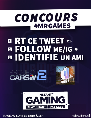 MrMister789's tweet photo. Le concours d'Avril #concours du #MrGames ! 🎉

Vous pouvez gagner 2 jeux :
- Project CARS 2 | Steam
- Tower Unite | Steam

Il vous suffit de follow @MrMister789 et @InstantGamingFR, de RT ce tweet et d’identifié un ami.

Tirage au sort le 12/04 à 18h00.

Bonne chance à tous ! :) https://t.co/0xalF1MZdZ