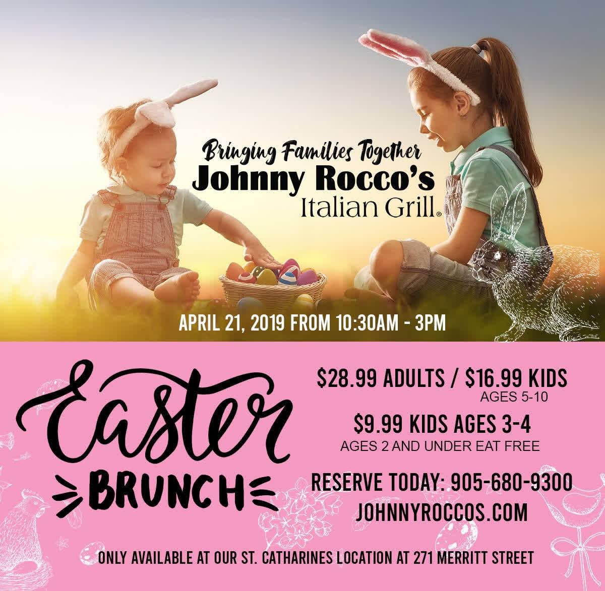 Do you have brunch plans on Easter? 

Hop to it! We're all ready for you.

.
.
.
#EasterBrunch #JohnnyRoccos #Easter #Easter2019 #StCatharines #NiagaraFalls #OurHomeStC #Brunch #LadieswhoBrunch #ItalianRestaurant #WhereTheLocalsEat #WheretoEatNiagara