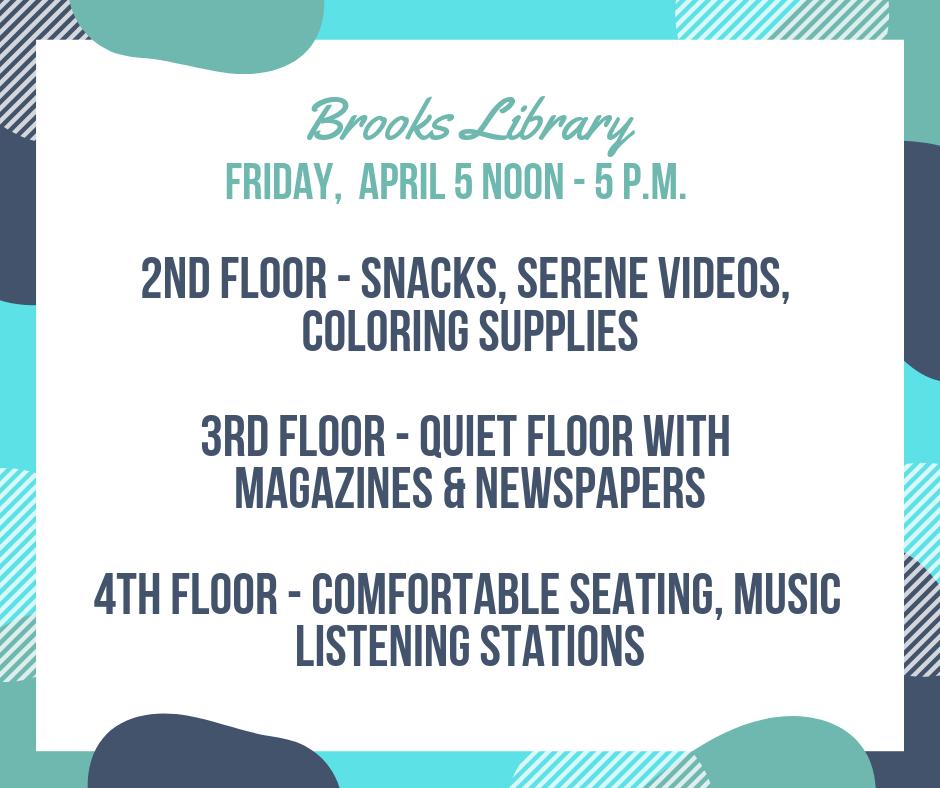 CWULibrary's tweet photo. If you're on campus today and are looking for some ways to unwind, stop by our De-stress Studio on the 2nd floor between noon and 5pm for free snacks, relaxing videos, and more. https://t.co/h3ePg0N6hb