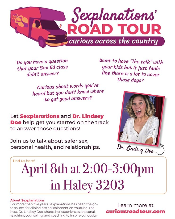 AuburnWC's tweet photo. Be sure to come out to the next SAAM event!! Have all your sex-related questions answered by Dr. Lindsey Doe 🚍#SAAM2019 #SAAM https://t.co/M2kaTsYvCR