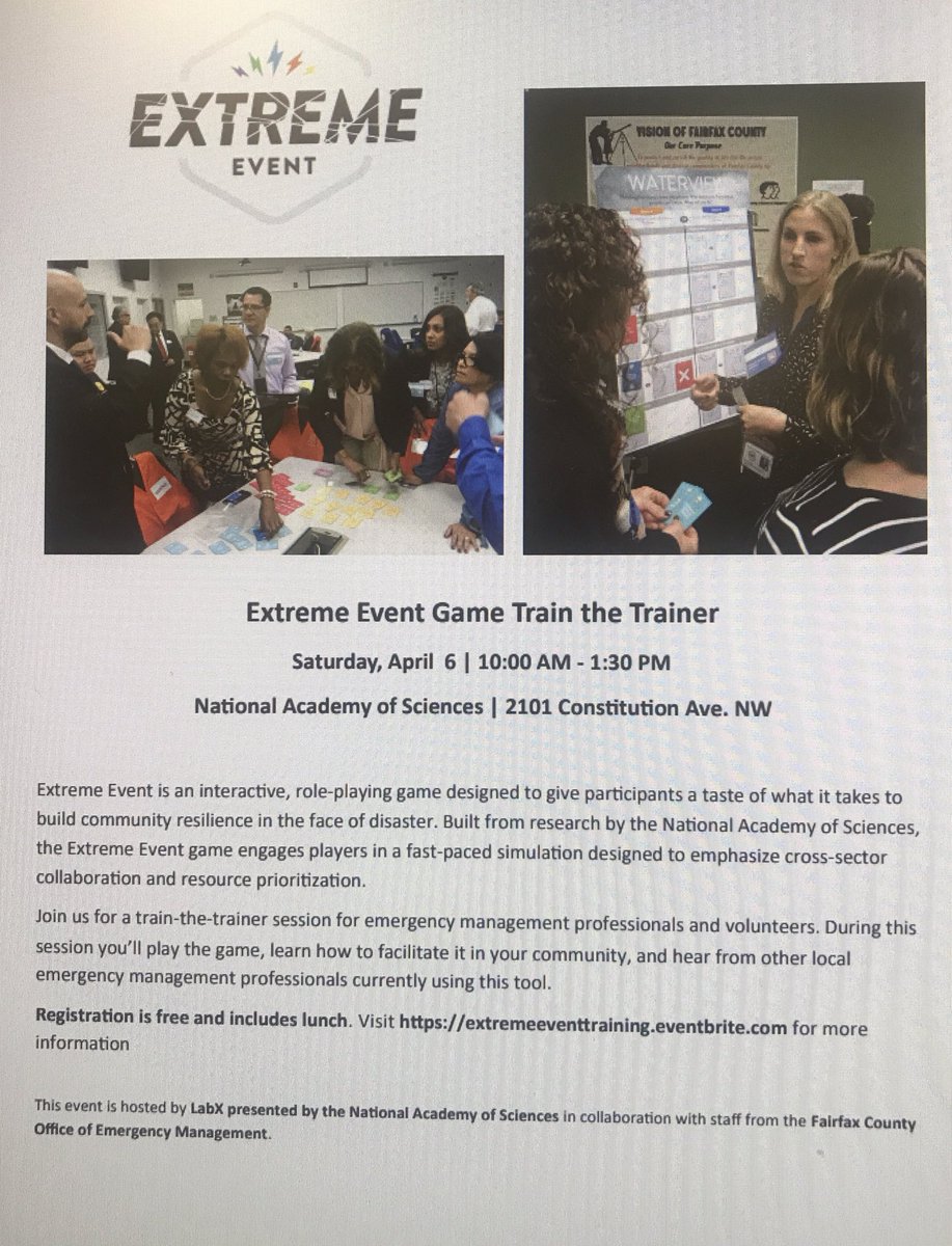 brindisi's tweet photo. It’s not too late to register for Saturday’s Extreme Event Game Train-the-Trainer with @labxNAS , 10am-1:30pm, #free in #DC, refreshments included.
Learn how officials make decisions during #disasters in interactive role playing game. #resilience #gaming #EmPrep #CherryBlossoms https://t.co/ZMHOZoxTu3