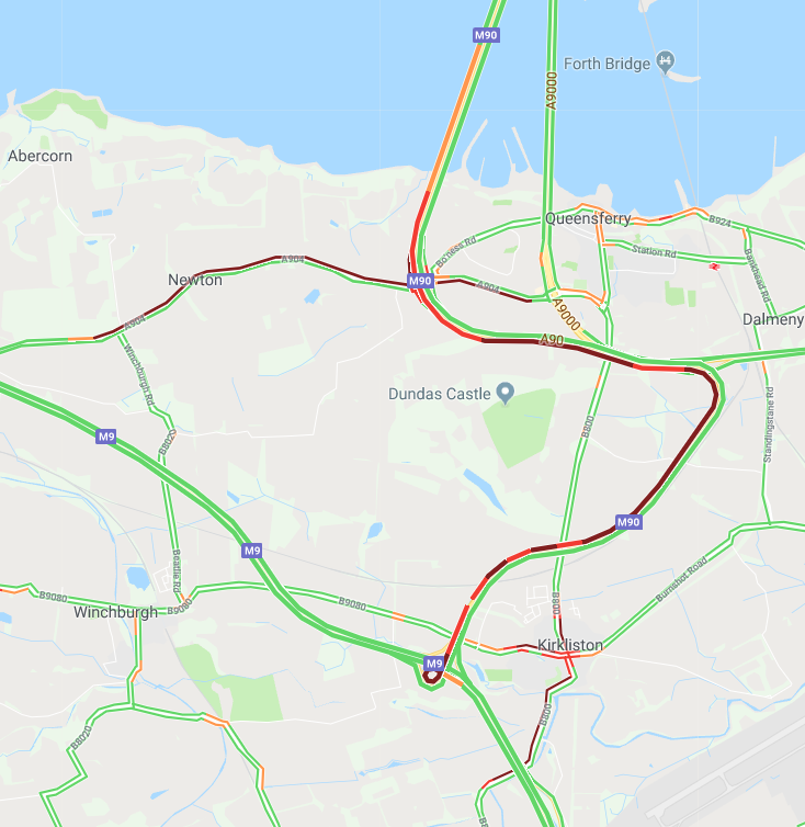trafficscotland's tweet photo. Queensferry Crossing N/B traffic *UPDATE* at 17:15⌚️ ️ 

No change, #M90 still very slow and busy queuing the full length, 5 miles towards the bridge from the #M9 loop
#EasterHolidays Local roads #A904 at Newton and #B800 Kirkliston queuing also

@TheForthBridges @SETrunkRoads https://t.co/sRDOqbwCzF