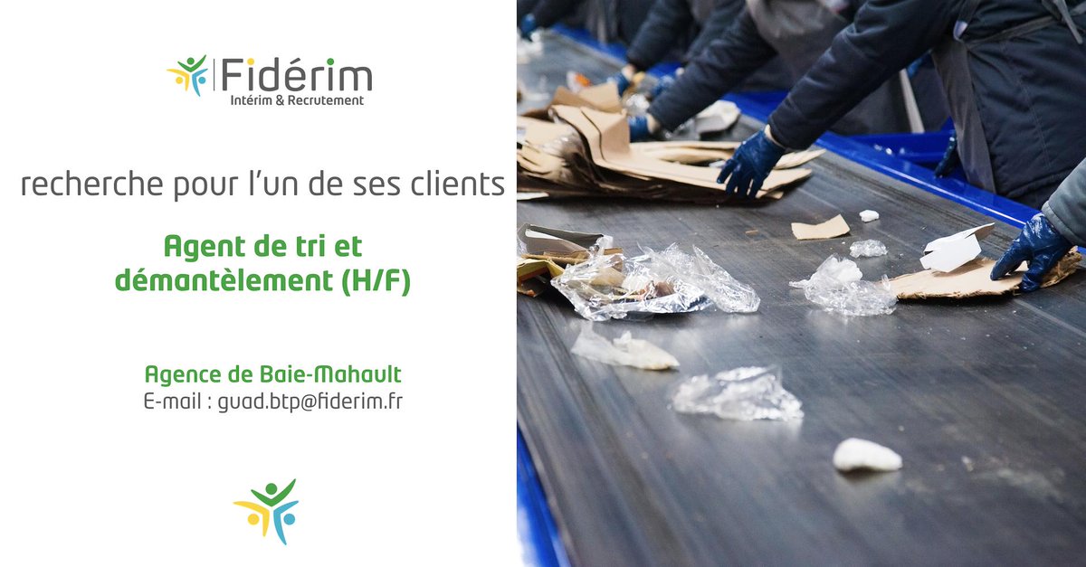 🔎 Notre agence Fidérim Baie-Mahault recherche pour l’un de ses clients, un agent de tri et démantèlement (H/F). 
Découvrez l'offre ici ➡️ bit.ly/2OTaVKO