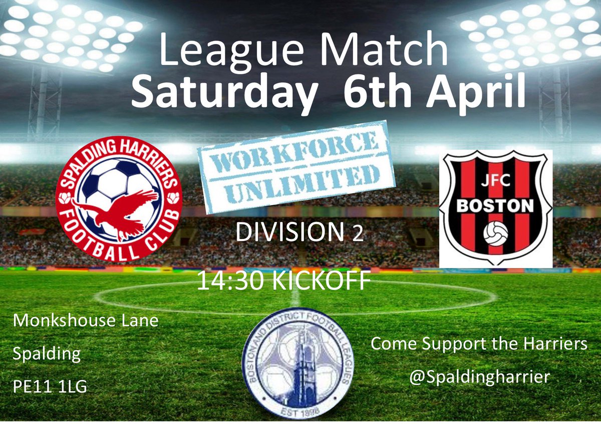 @SpaldingHarrierare at home this saturday as we welcome <a href="/JfcMens/">JFC Boston Mens</a> to Monkshouse Lane .

Come and support the harriers in their final league game of the season

<a href="/Spalding2day/">SpaldingToday</a> <a href="/spaldingsport/">Spaldingsport</a> <a href="/SpaldingVoice/">Spalding Voice</a>