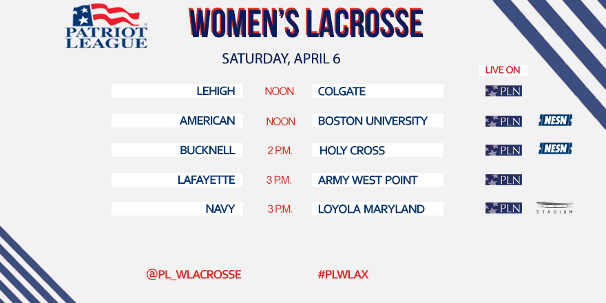 PL_WLacrosse's tweet photo. 📺WATCH all 5⃣ #PLwlax🥍 games on @PatriotLeagueTV this Saturday!
#LEHvsGATE - https://t.co/Ubs4Ik3MKR
#AUvsBU - https://t.co/aw8kfiUtaW
#BUCKvsHC - https://t.co/gCkT0kFaFl
#LAFvsARMY - https://t.co/bOMQ5oBg0Y
#NAVYvsLOY - https://t.co/LGsFaM3kzx https://t.co/qfDGgVPiMY