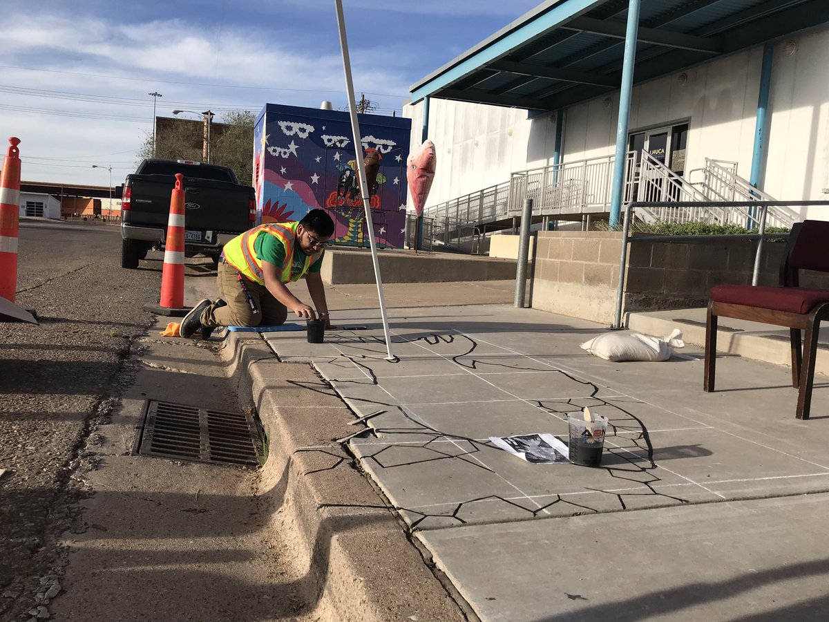 cityoflubbock's tweet photo. Our Storm Drain Art Project artists began painting their base layers yesterday &amp; will be working on the finishing touches this evening for you all to see during the First Friday Art Trail! #KeepLubbockArtsy #KeepLubbockClean https://t.co/MrNywbt735