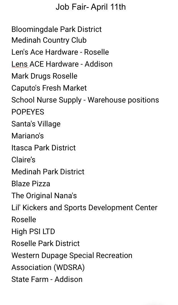 Lake Park Job Fair is April 11th at West campus during lunch periods.  20 different  companies will be attending!