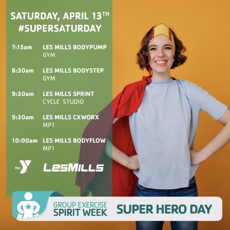 evfymca's tweet image. Launch and Spirit week kicks off tomorrow Saturday, April 12th with SUPER HERO DAY
Grab your SUPER HERO CAPE and join us for #SUPERSATURDAY 
Classes start at 7:15a with #Bodypump 
Don't forget to stop by the lobby to take a selfie with your workout buddy and use the daily hashtag