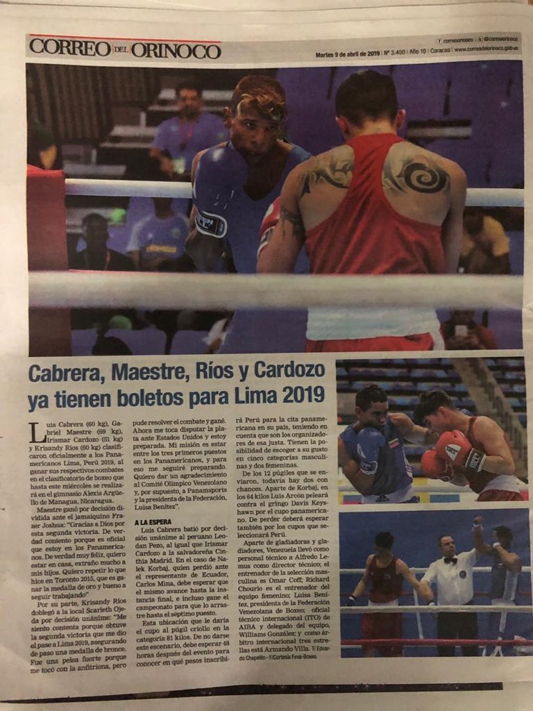 fevebox's tweet image. Nos sentimos agradecidos con el apoyo brindado por el  @correoorinoco por seguir paso a paso las actuaciones de nuestros boxeadores en el clasificatorio de boxeo a @Lima2019Juegos 🙏