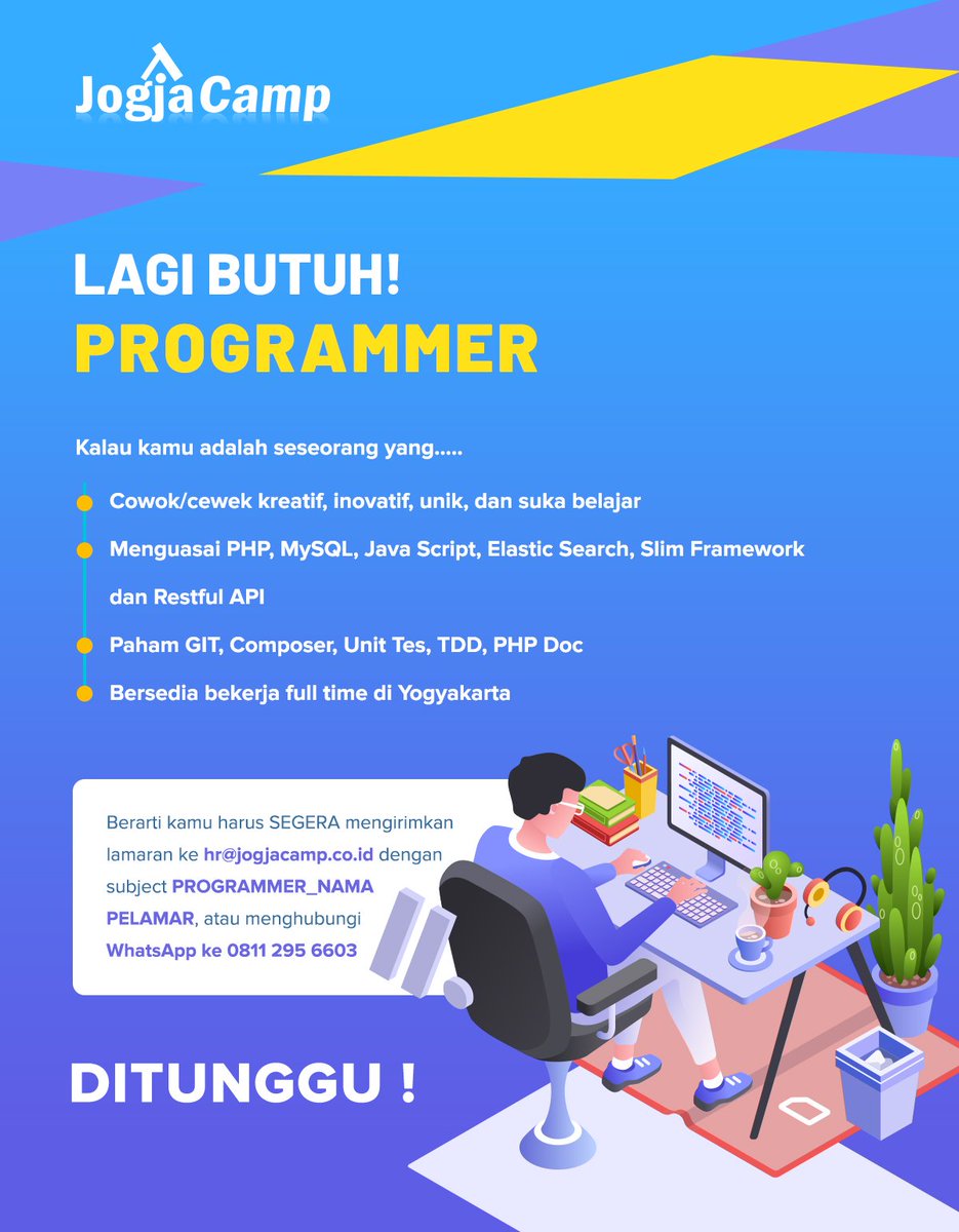 adsensecampcom's tweet photo. @jogjacamp Mencari Kamu !!!

PROGRAMMER

- Cowok/Cewk Kreatif, Inovatif, Unik dan Suka Belajar
- Menguasai PHP, MySQL, Java Script, Elastic Search, Slim Framework dan Restful API
- Paham GIT, Composer, Unit Tes, TDD, PHP Doc

#Jogjacamp #Lowongankerja #Yogyakarta #Programmer https://t.co/SPGYarcjkU
