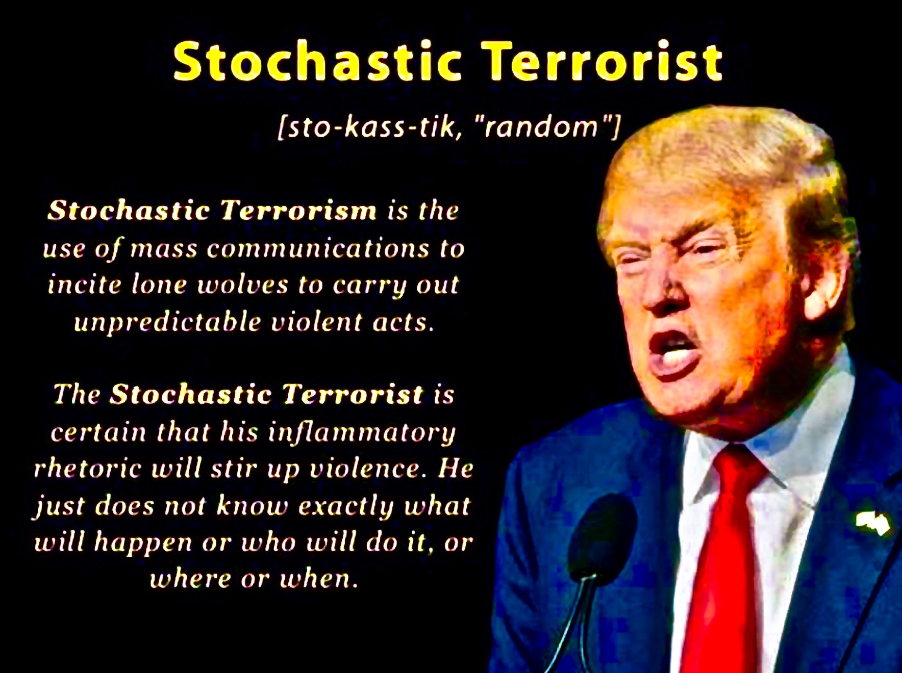 Cruz Cerda III, Ph.D. on Twitter: "@chrislhayes Stochastic terrorism is the use of mass communications to incite lone wolves to carry out unpredictable violent acts. The Stochastic Terrorist is certain that his