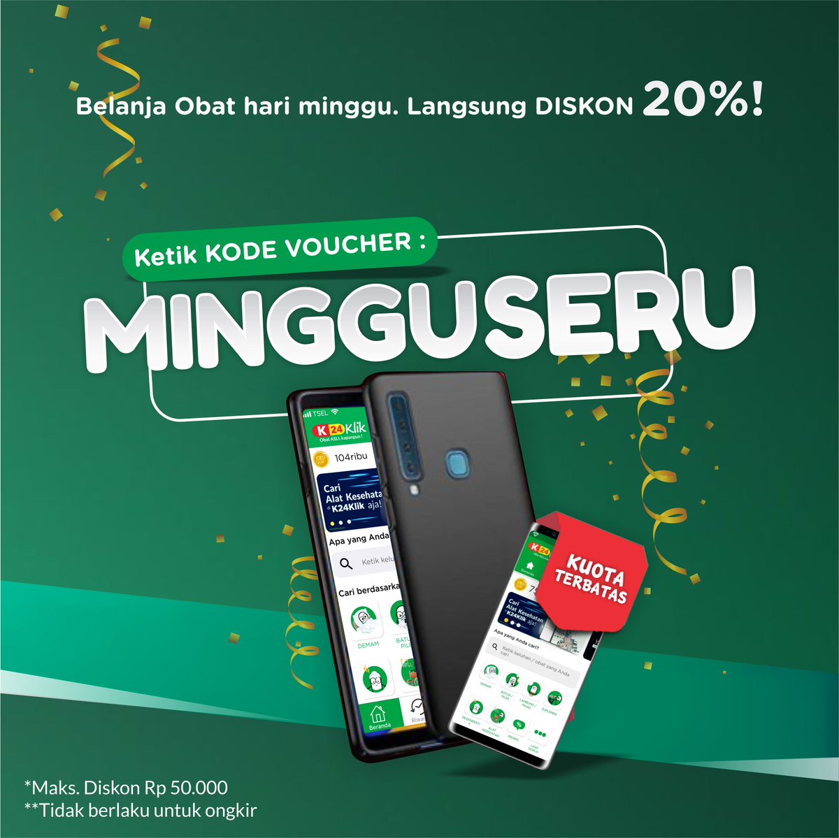 k24klik's tweet photo. #diskonbesar #diskonsolo #diskongede #diskonmurah #diskonjakarta #diskonproduk 
Diskon special khusus HARI MINGGU dari @K24Klik makin mantap! 
Belanja Obat. Hanya ketik kode voucher : MINGGUSERU 
LANGSUNG DISKON 20%
S &amp; K : https://t.co/ARA9xzjsQo
Awas KUOTA TERBATAS! https://t.co/boDvRekqLi