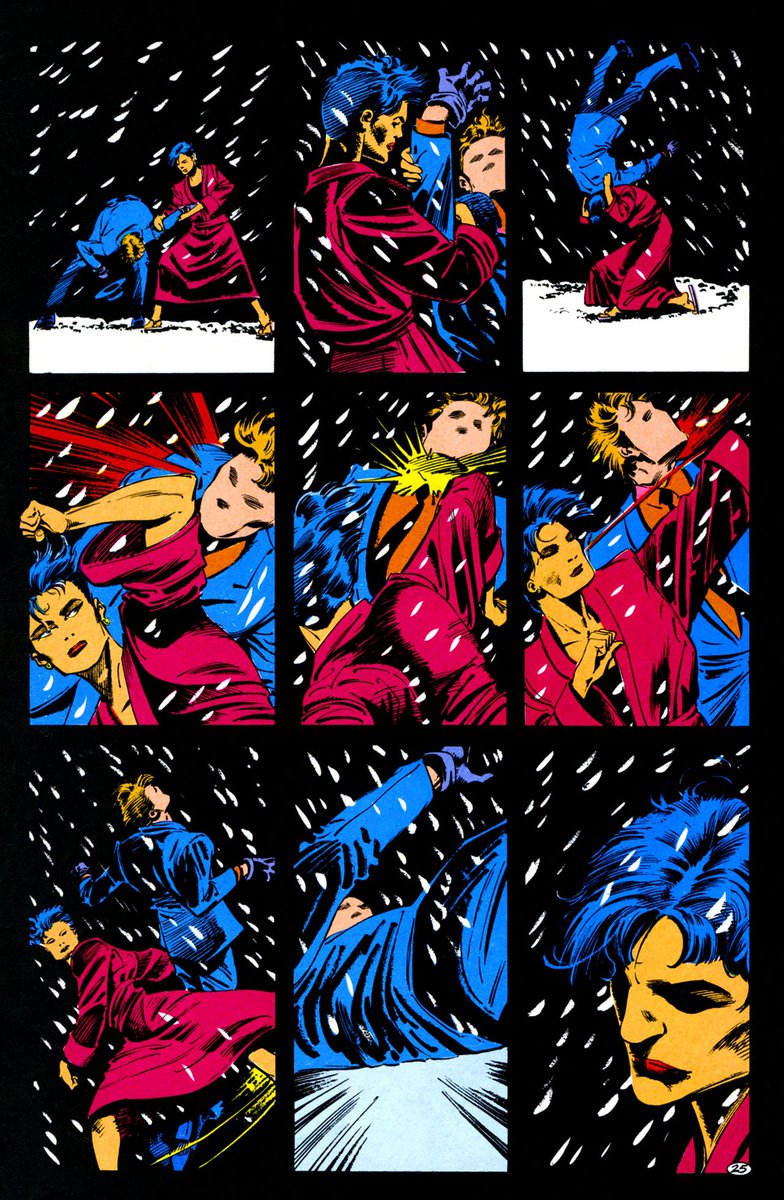 The first fight goes down in the closing pages of #1 and is by far the shortest. This is it. One page, nine panels. In terms of forms there's a lot of grappling early on leading to that crazy flip in panel 3. Then three panels of elbows and hands, a sweep and that's all she wrote