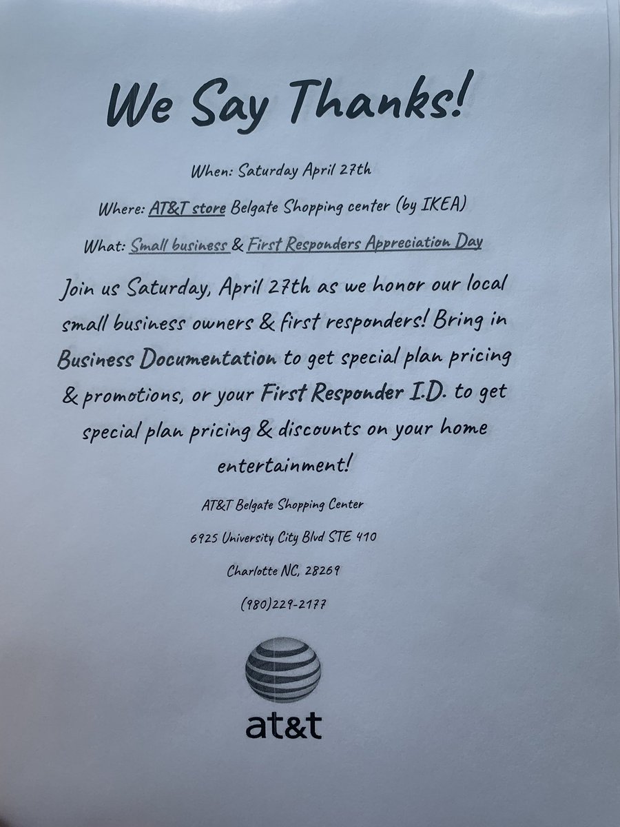 AttBelgate's tweet photo. Still out prepping for the big day! We support our small businesses, First Responders, a military personnel. Come see us 4/27 for the biggest Celebration of the year!! #NotoriousOnes @LoganEaves2 @elthonmunoz @JakeAraghi @ATTPortablesEVD @theriddler704 @AdamMRagab @404girl https://t.co/dwPI0m9yMr