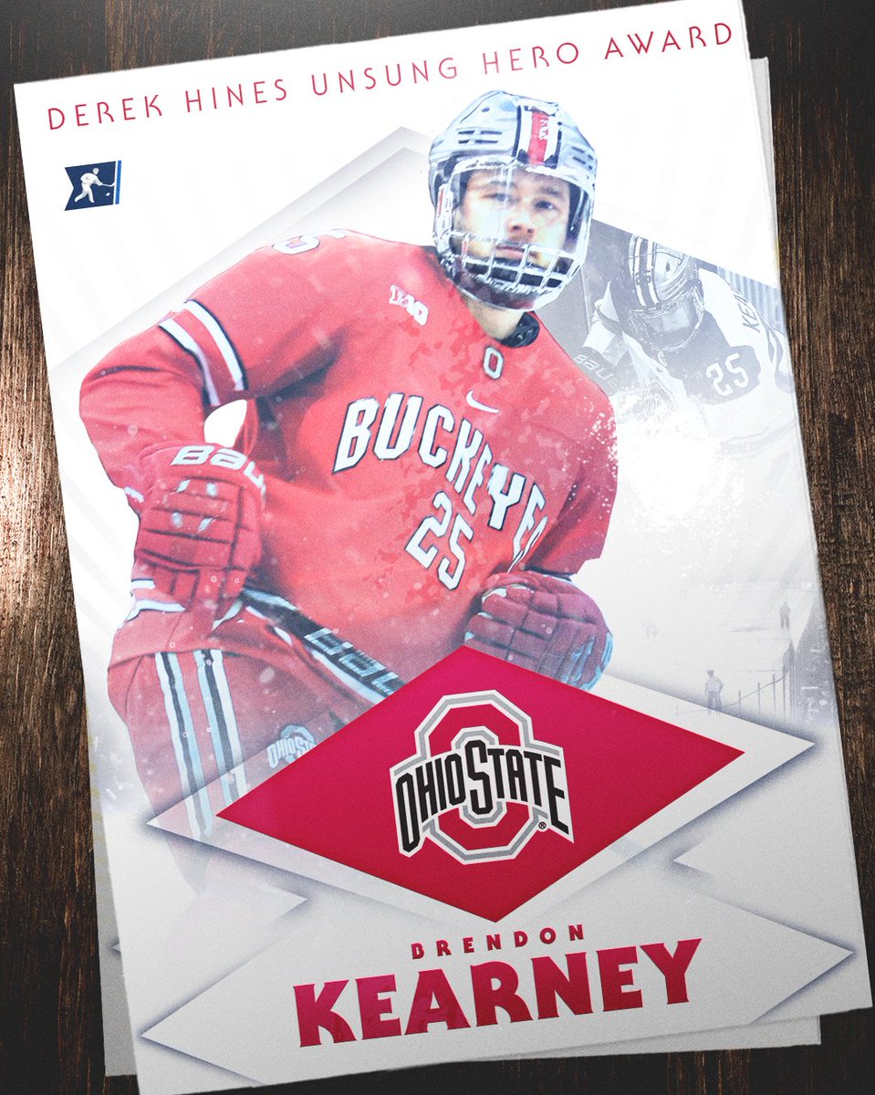 NCAAIceHockey's tweet photo. The Derek Hines Unsung Hero Award goes to ... Brendon Kearney of @OhioStateMHKY. The Derek Hines Unsung Hero Award is an annual award given out to the player judged to best exemplify the qualities of sportsmanship, competitiveness, intelligence and work ethic. https://t.co/iEcGlmkSfx