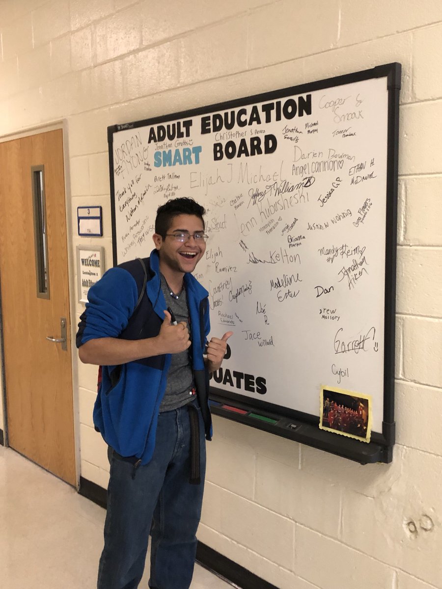 LexOne_AdultEd's tweet photo. Congrats to Noe for finishing the last section of the #GED yesterday! We are so proud of how hard he has worked. Our students and staff will miss his magnetic personality in our building. He has a bright future ahead. #signtheboard https://t.co/gbhO9fPEiy