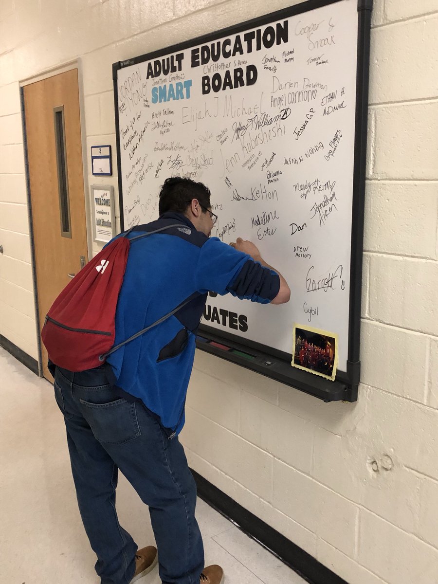 LexOne_AdultEd's tweet photo. Congrats to Noe for finishing the last section of the #GED yesterday! We are so proud of how hard he has worked. Our students and staff will miss his magnetic personality in our building. He has a bright future ahead. #signtheboard https://t.co/gbhO9fPEiy
