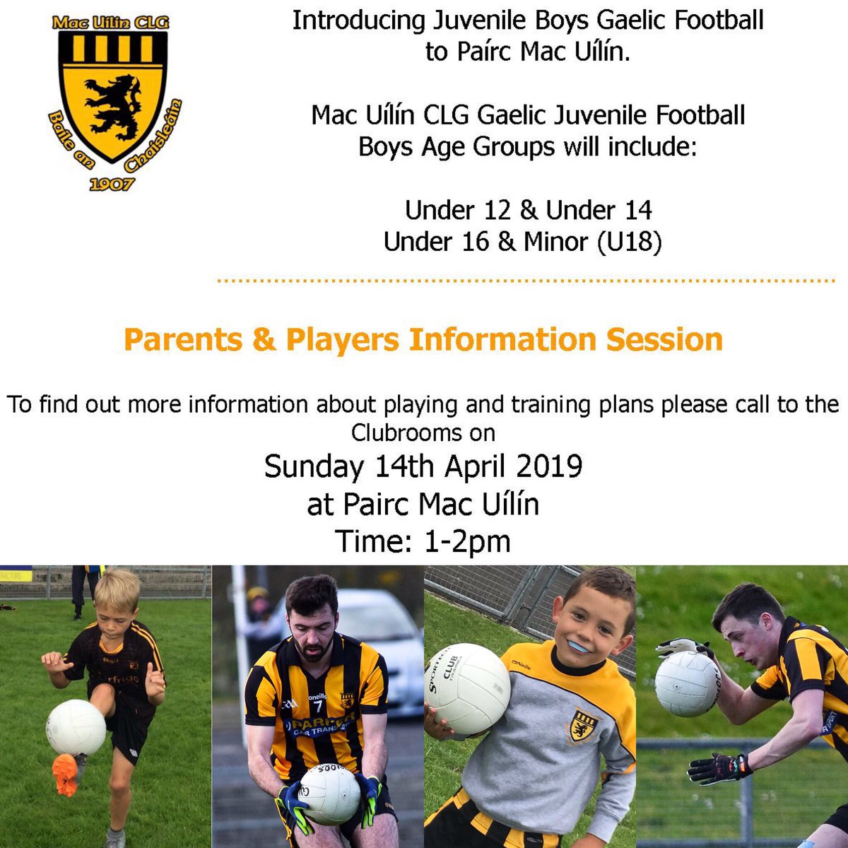 McQuillanGAC's tweet photo. Exciting News for Mac Uilín CLG!!!
2019 in Mac Uilín CLG will see 4 Newly formed Gaelic football teams at Juvenile Level.
For more info or you know someone who would like to participate, come along on Sunday to find out & be part of a new dawn in Mac Uilín CLG #oneclub #3codes https://t.co/liV2vfcvjA