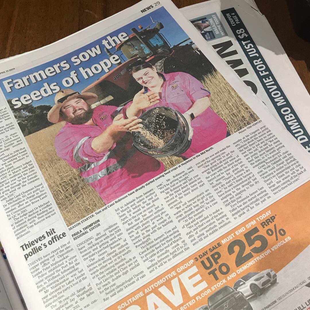 Rocking the pink shirts in today’s @theTiser 😂🙊🙈 #justfarmers #plant19 #seeding19 #robinsonfarms 

Credit goes to @paulajothompson for the awesome write up!!