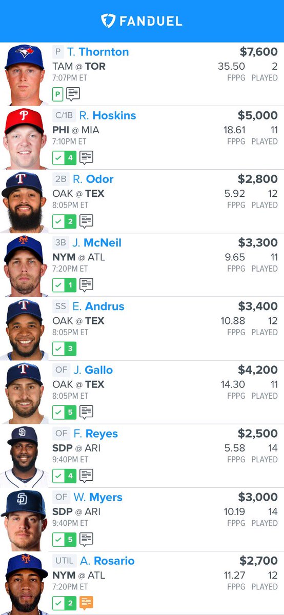 MoneyTimeDFS's tweet photo. Our 1st #FreeMoneyFriday posting our MLB lineups! LIKE and COMMENT if using! Good luck tonight! #mlb #dfs #mlbdfs #fanduel #draftkings #mlbfd #fdmlb #mlbdk #dkmlb #freedfslines https://t.co/Hp0gdOwxQY