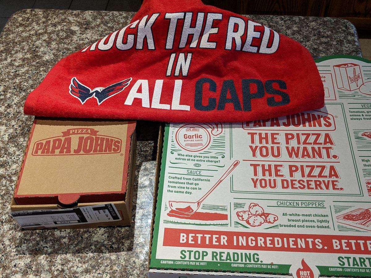 robebur's tweet image. Thanks for dinner @Capitals  and @PapaJohns! Victory and Half price never tasted so good! #ALLCAPS #StanleyCupPlayoffs2019 #CapsCanes #KeepThisGoingAndMakeMeFat