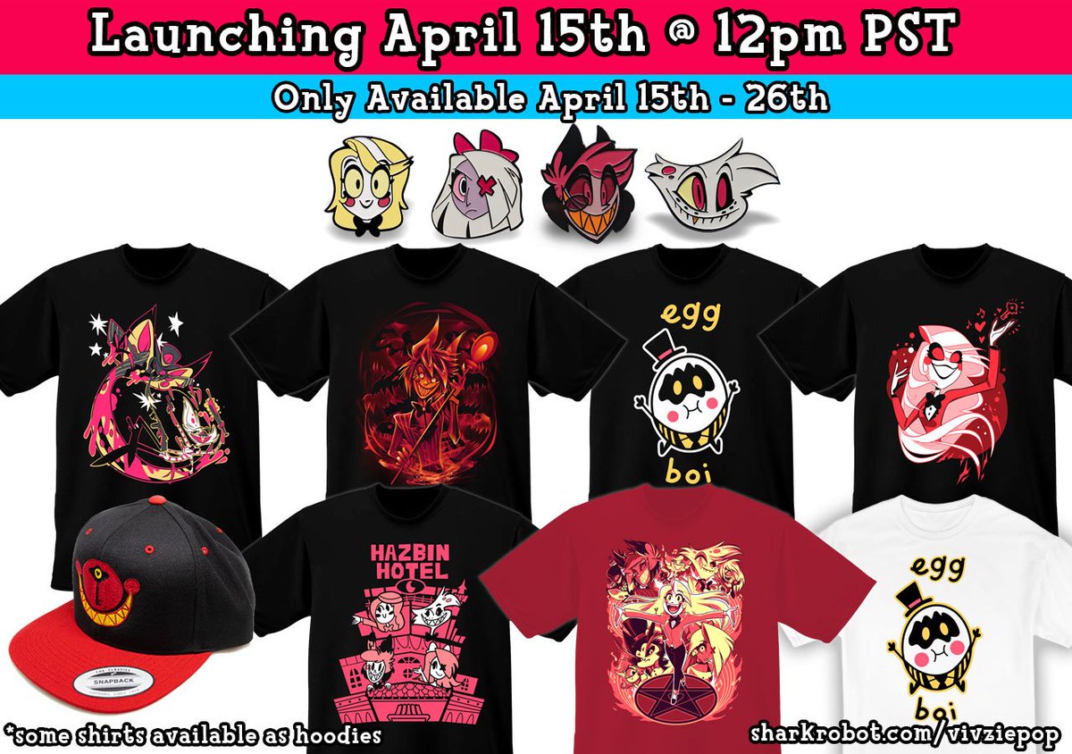 SORRY FOR THE BLAST! Lots of fun new artists! Here is our entire merchandise lineup for our spring collection! Everything goes live THIS MONDAY at 12pm PST (4/15) and is only available until April 26th (except for pins, which are limited stock)available at sharkrobot.com/vivziepop