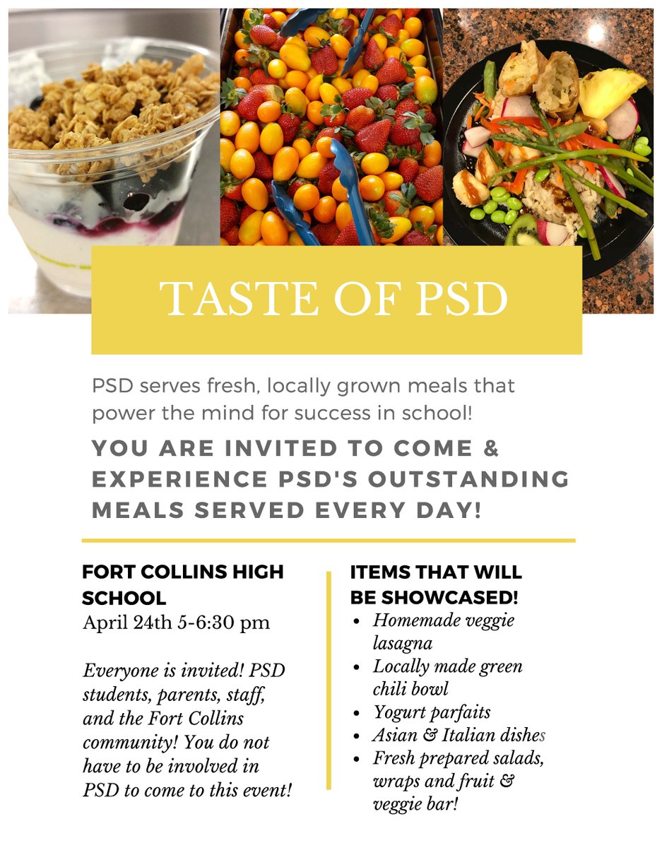 PSDNutrition's tweet photo. You are invited to our first ever Taste of PSD event on April 24th 5-6:30 pm at Fort Collins High School! We will be showcasing many of our local, fresh, and scratch made recipes for you taste and experience! EVERYONE is welcome to join for this free event! #PSDProud #TasteofPSD https://t.co/HPxObIqag4
