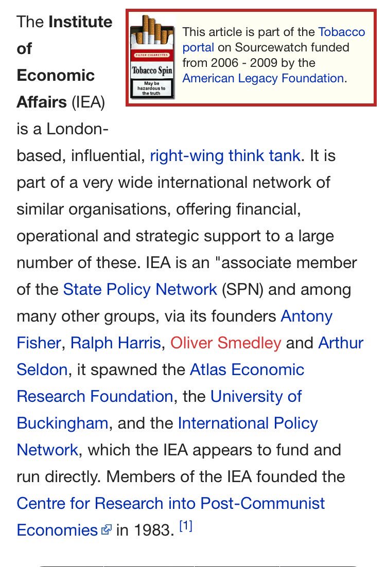 Institute of Economic Affairs is an "associate member of the State Policy Networkties to ALEC (  #KochNetwork ) Koch brothers. Associated Organisations (past and present)  https://www.sourcewatch.org/index.php/Institute_of_Economic_Affairs